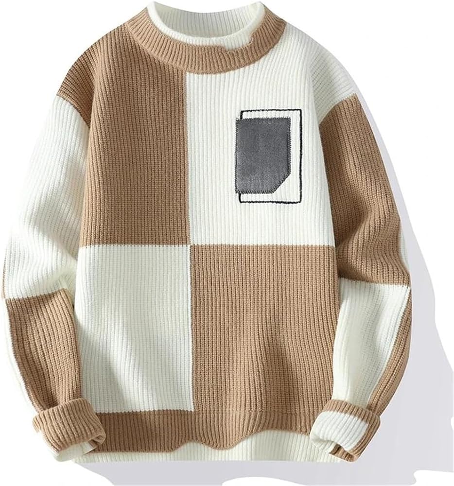 Winterwoodie Patch Knit Sweater – Modern Beige & Cream Geometric Design
