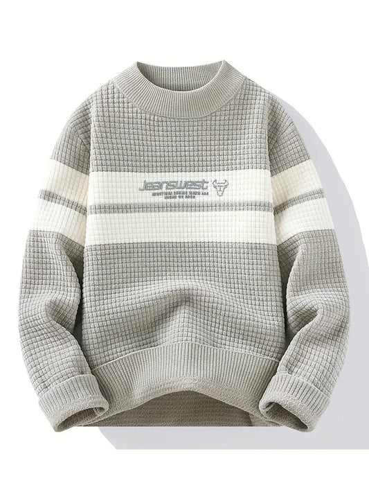 Winterwoodie Waffle Knit Sweater – Elegant Cream & Grey Minimal Classic