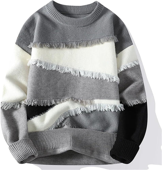 Winterwoodie Fringe Stripe Knit Sweater – Modern Grey & Cream Textured Style