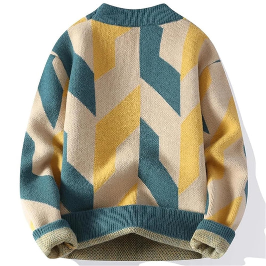 Winterwoodie Geo Pattern Knit Sweater – Retro Teal & Mustard Design