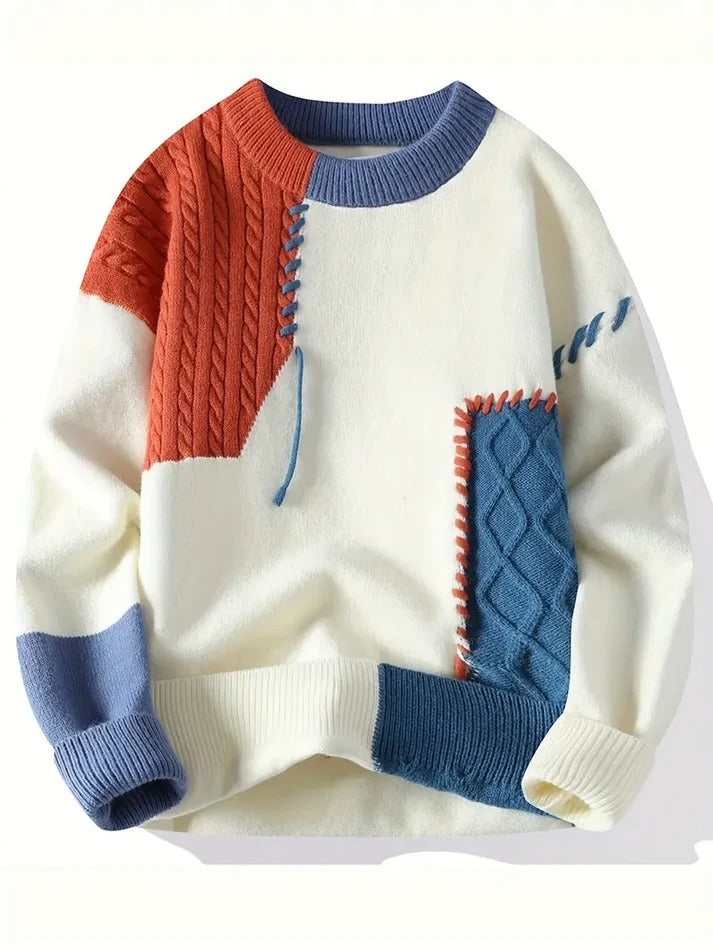 Winterwoodie Patchwork Knit Sweater – Classic Color-Block Comfort for the Season