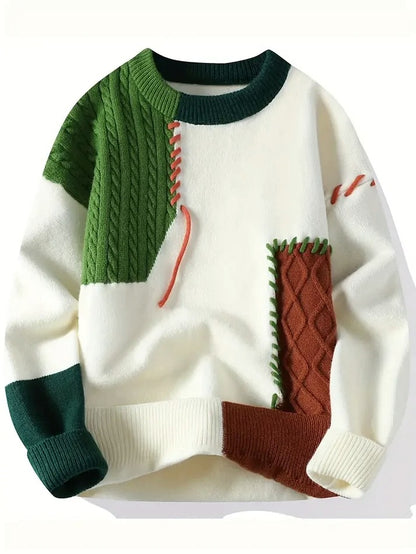 Winterwoodie Patchwork Knit Sweater – Classic Color-Block Comfort for the Season