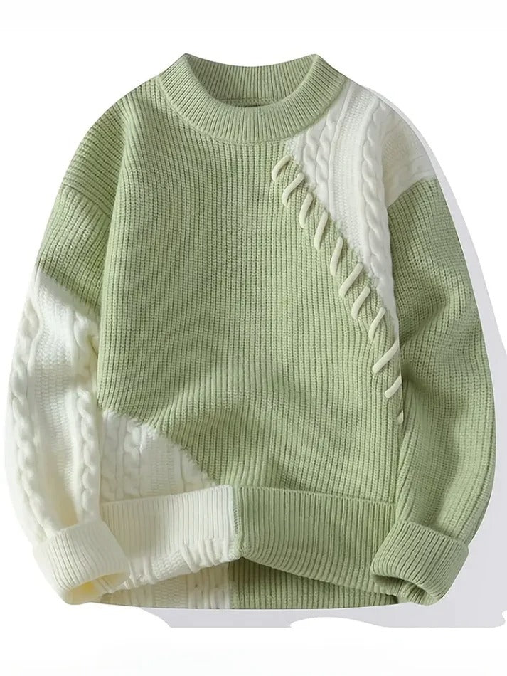 Winterwoodie Pastel Patch Knit Sweater – Soft Green & Cream Cozy Wear