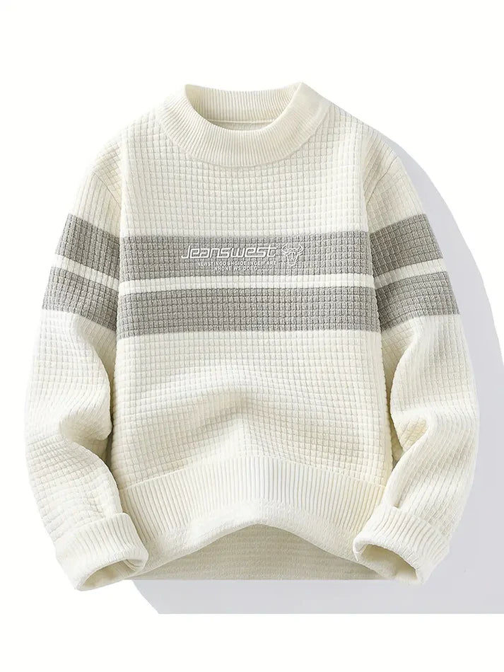 Winterwoodie Waffle Knit Sweater – Elegant Cream & Grey Minimal Classic