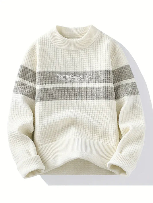 Winterwoodie Waffle Knit Sweater – Elegant Cream & Grey Minimal Classic