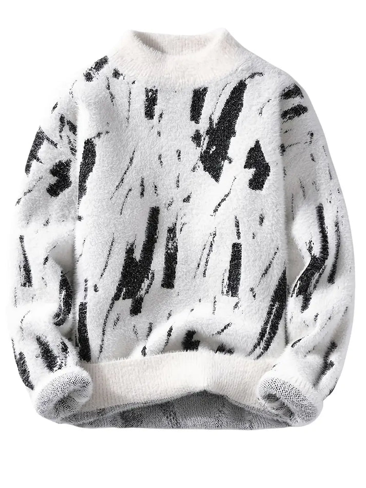 Winterwoodie Abstract Fuzzy Sweater – Artistic Black & White Cozy Statement