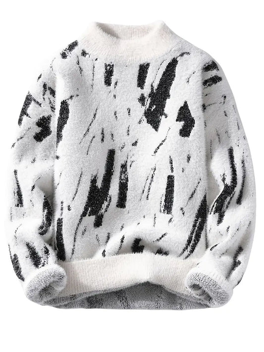 Winterwoodie Abstract Fuzzy Sweater – Artistic Black & White Cozy Statement