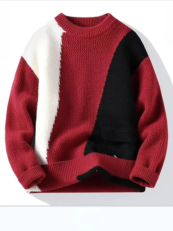 Winterwoodie Tricolor Knit Sweater – Bold Red, Black & White Statement Piece