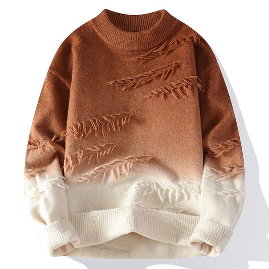 Winterwoodie Ombre Leaf Knit Sweater – Warm Brown & Cream Gradient Design
